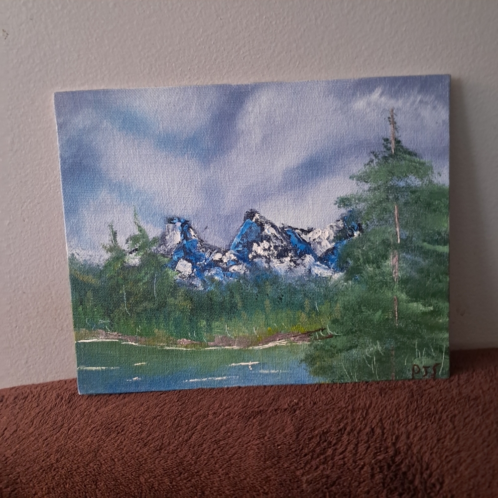 Bob Ross Inspired Hand Painted Canvas  Oil Paint Mountains Evergreen Trees